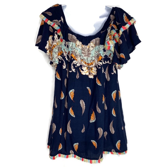 Umgee BoHo Feather Print Fringe Trim Tunic…2021 - Picture 6 of 8